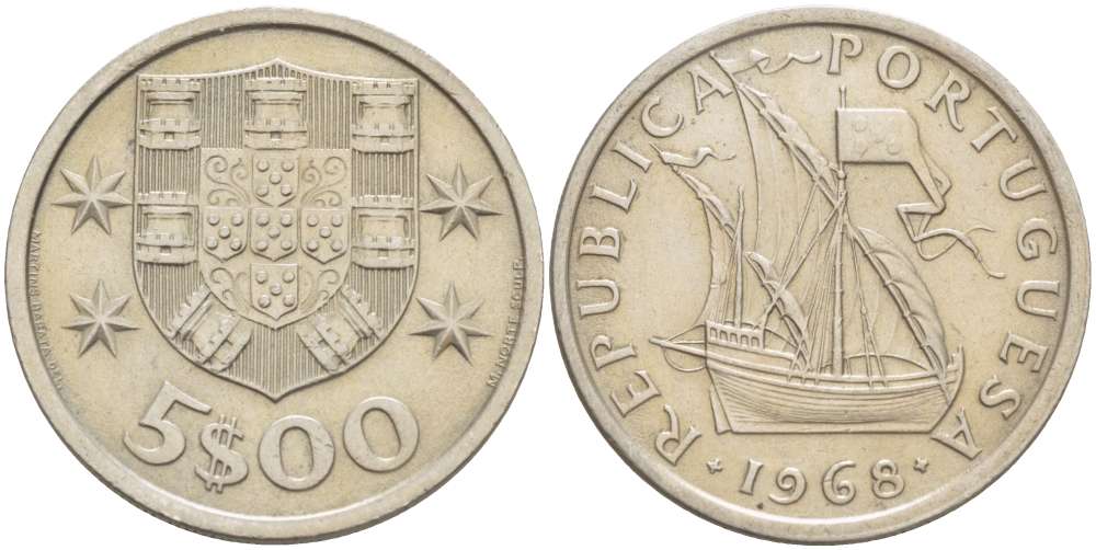 ПОРТУГАЛИЯ 5 ЭСКУДО 1968 ПАРУСНИК KM 591 медно-никель 4519-816