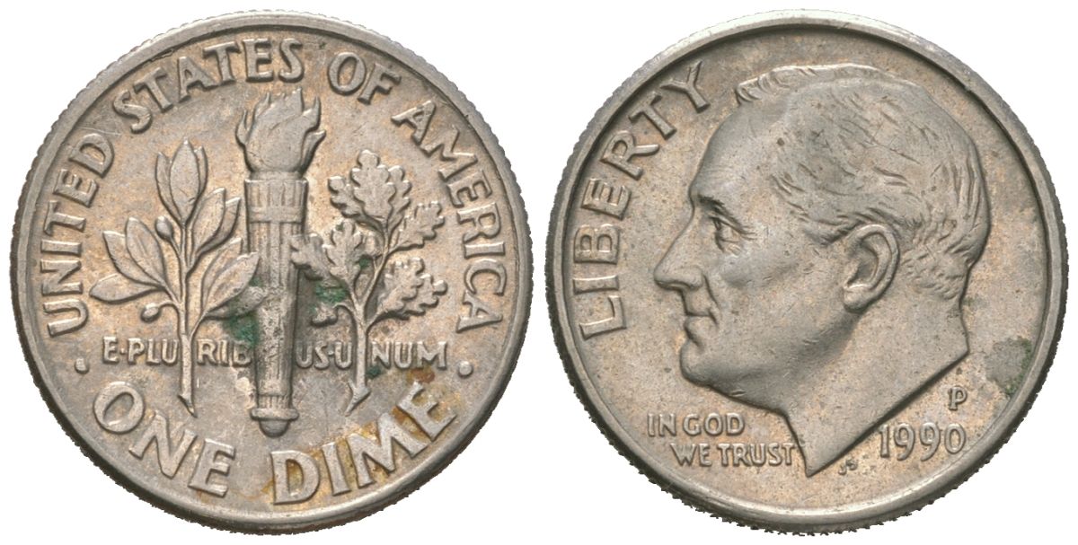 США 1 дайм = 10 центов 1990 P KM 195a медь плакированная медно-никелем 4580-816