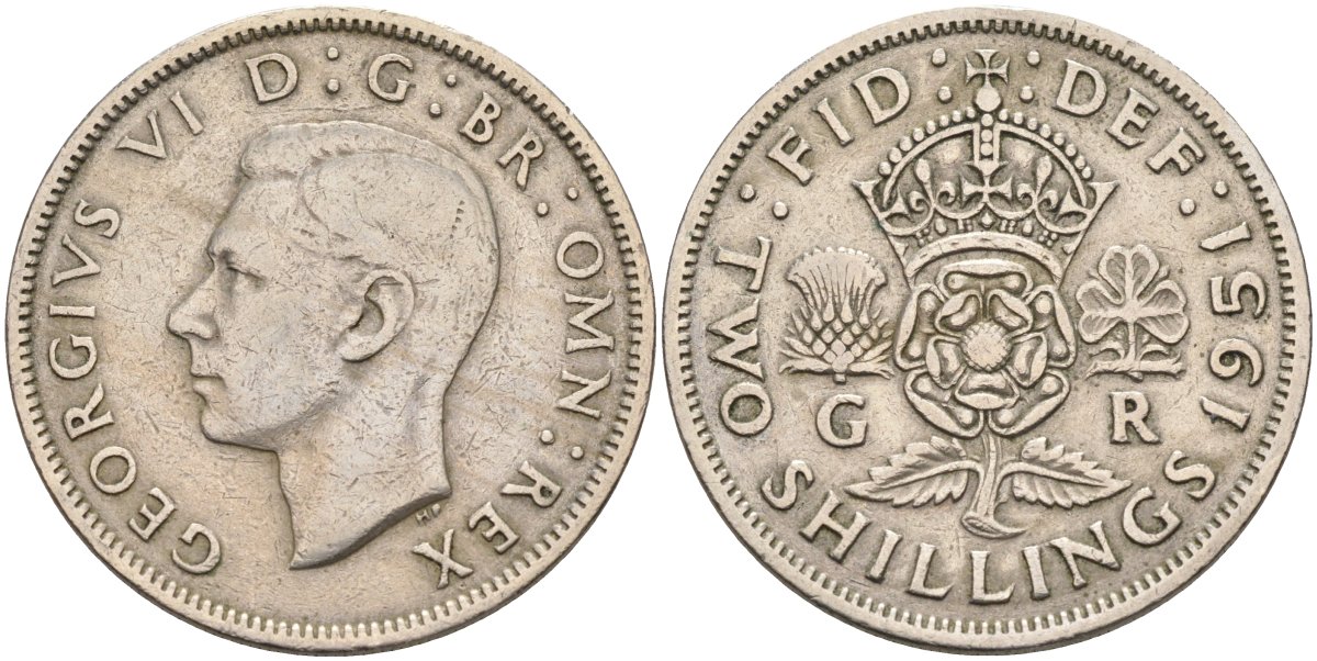 Великобритания 2 шиллинга (флорин) 1951 Георг VI (1936-1952) KM 878, Spink 4107 медно-никель 4593-425