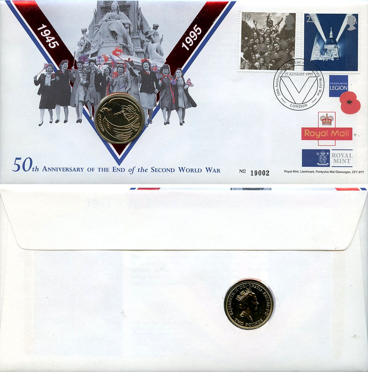 Великобритания 2 фунта 1995 50 лет победе во Второй Мировой Войне, в оригинальном конверте, с марками, первый день гашения KM 970, Spink K5 никель латунь BU 4-3-8-05