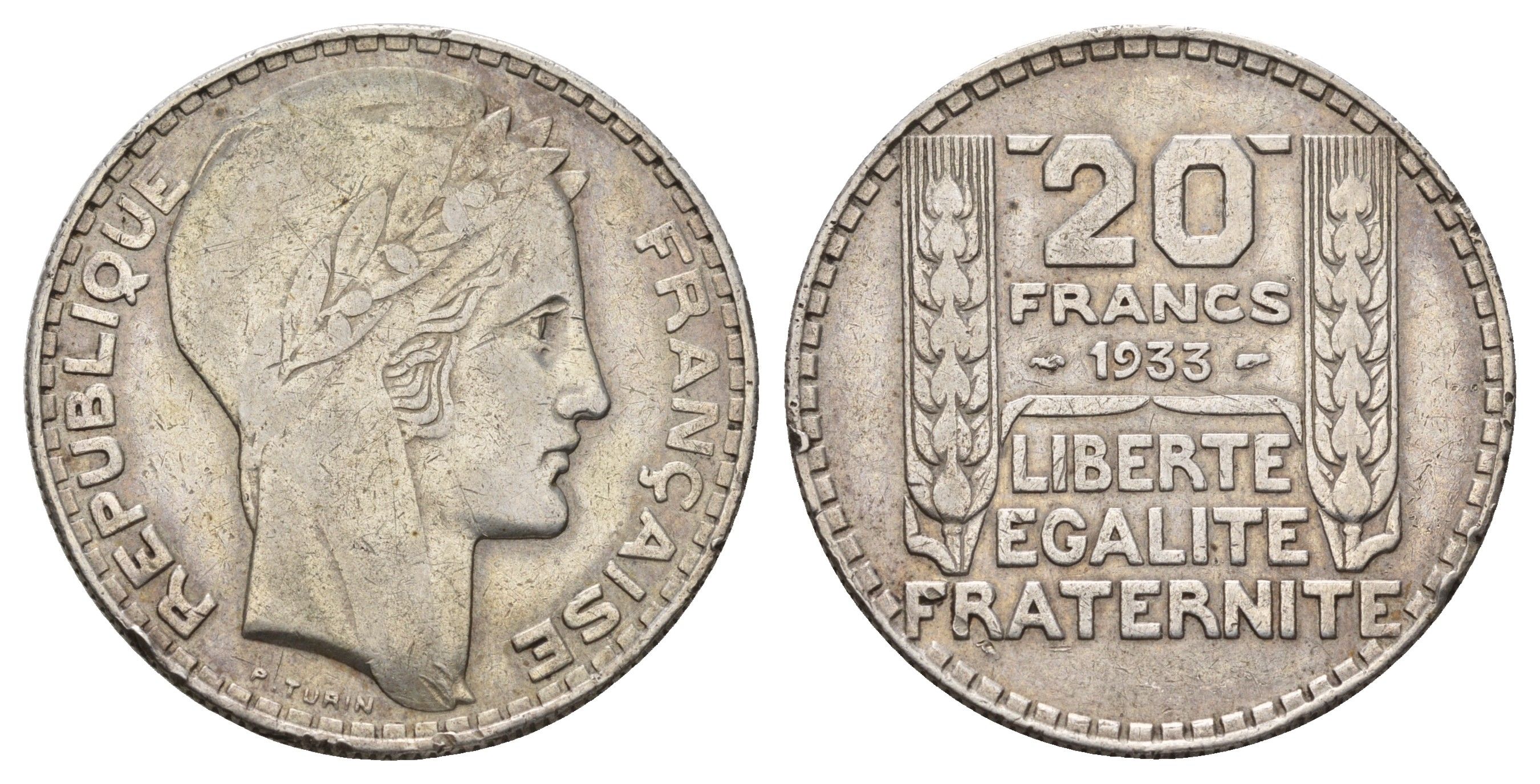 Франция 20 франков 1933 KM 879 серебро 1519-411