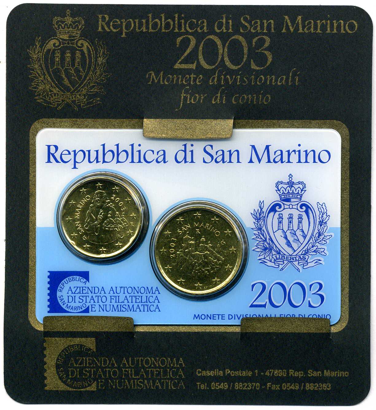Сан-Марино набор из 2 монет 20 И 50 евроцентов 2003 в оригинальном буклете, запайка в пластик латунь UNC 3-4-3-50