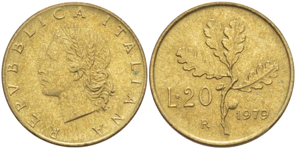 ИТАЛИЯ 20 ЛИР 1979 R, ДУБОВЫЕ ЛИСТЬЯ KM 97.2 алюминиевая бронза 4551-313