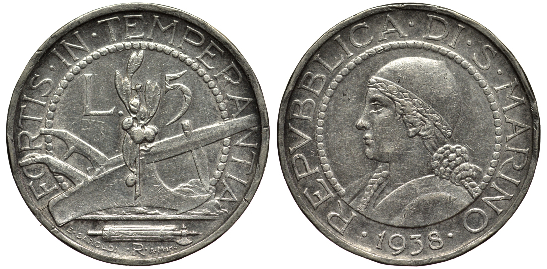 Сан-Марино 5 лир 1938 KM 9 серебро 27-133
