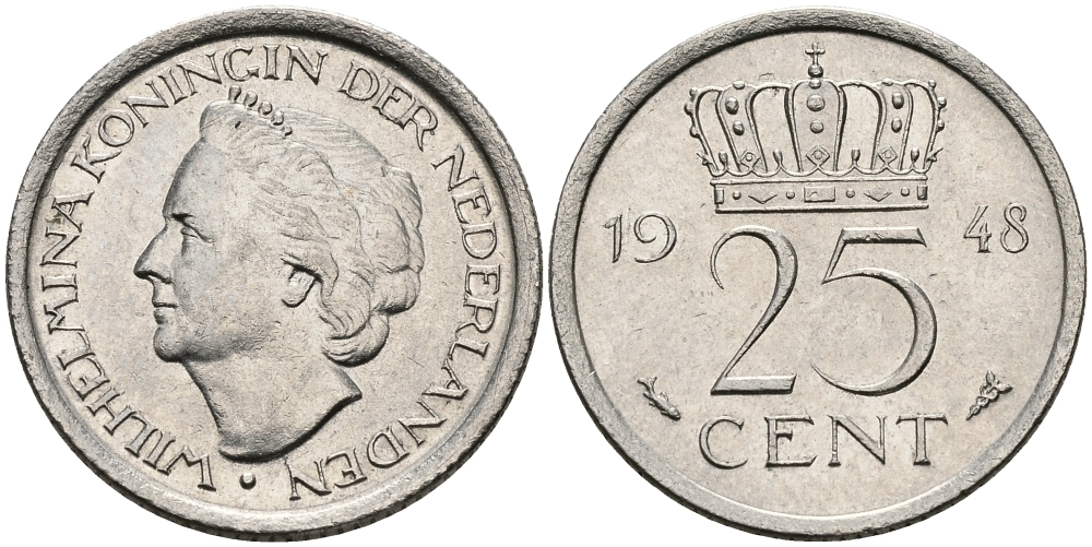 НИДЕРЛАНДЫ 25 ЦЕНТОВ 1948 ВИЛЬГЕЛЬМИНА KM 178 никель 176-851