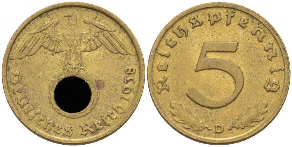 ГЕРМАНИЯ 5 РЕЙХСПФЕННИГОВ 1938 D, КМ 91, J.363 алюминиевая бронза 110-243