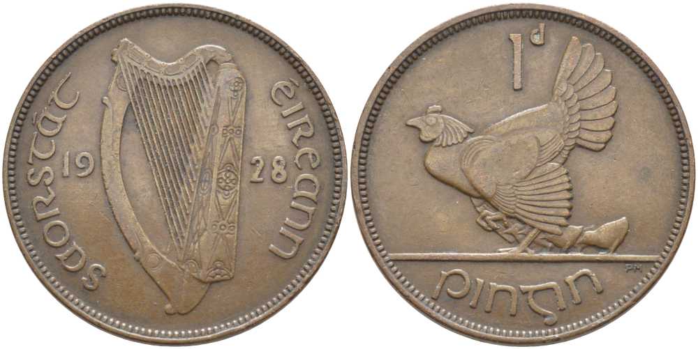 Ирландия 1 пенни 1928 курица с цыплятами KM 3 бронза 111-832