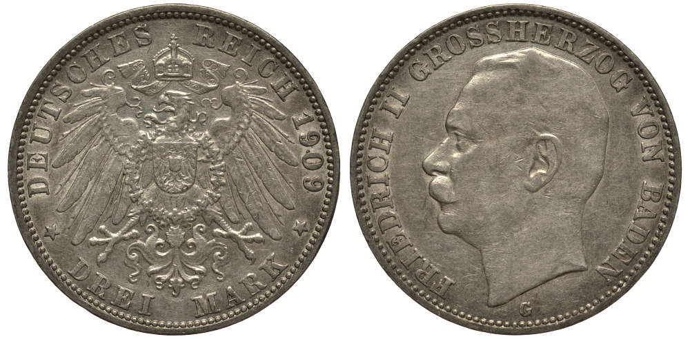 Баден 3 марки 1909 Фридрих II (1907-1918) J. 39, KM 280 серебро    3711-1632