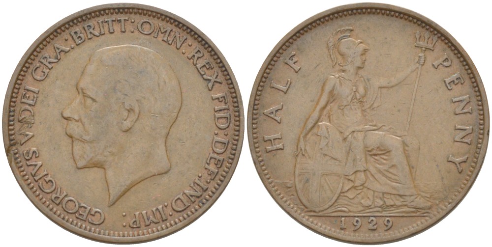 Великобритания 1/2 пенни 1929 Георг V (1910-1936) KM 837, Spink 4058 бронза 4513-652