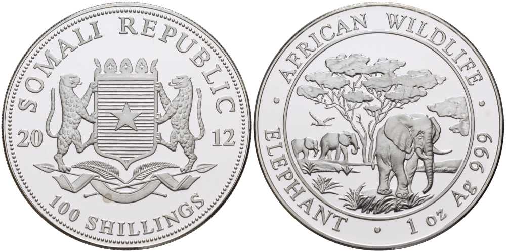 Сомали 100 шиллингов 2012 серия охрана окружающей среды, африканские слоны, 1 унция KM NEW серебро PROOF 1076-7-44