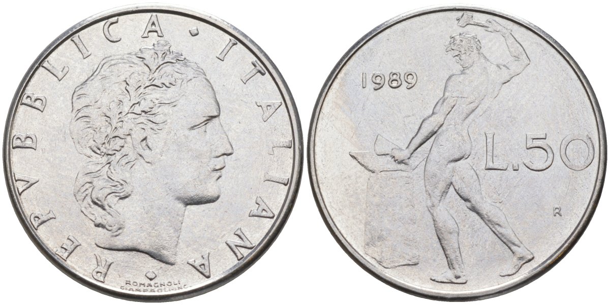 Италия 50 лир 1989 R, Бог огня Вулкан у наковальни KM 95.1 нержавеющая сталь 4529-351