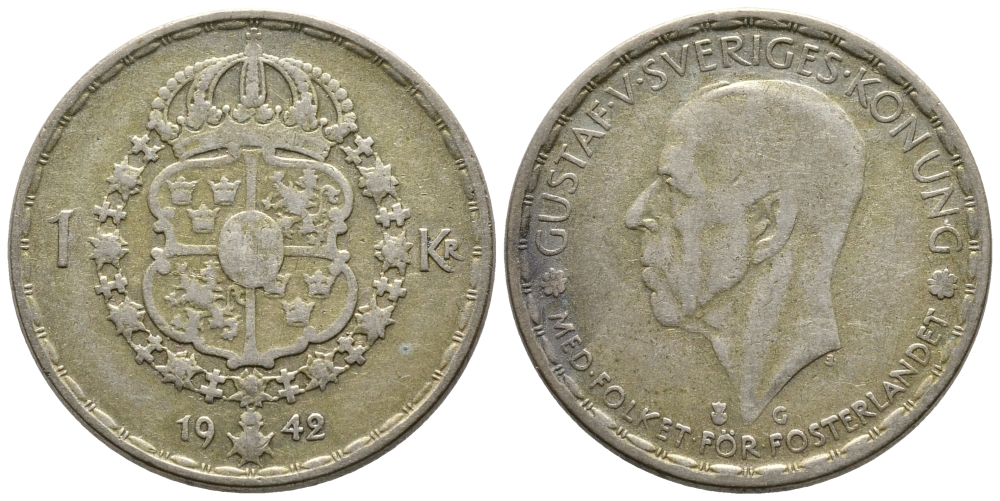 Швеция 1 крона 1942 G, Густав V (1907-1950) KM 814 серебро 177-936