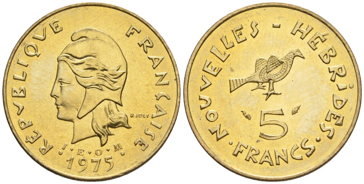 Французские Новые Гебриды 5 франков 1975  KM 6.2 никель-латунь  UNC  4610-543