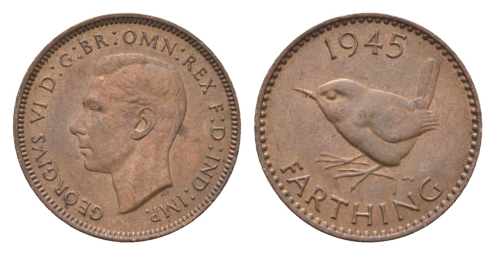 Великобритания 1 фартинг 1945 Георг VI (1936-1952) KM 843, Spink 4116 бронза 4664-349