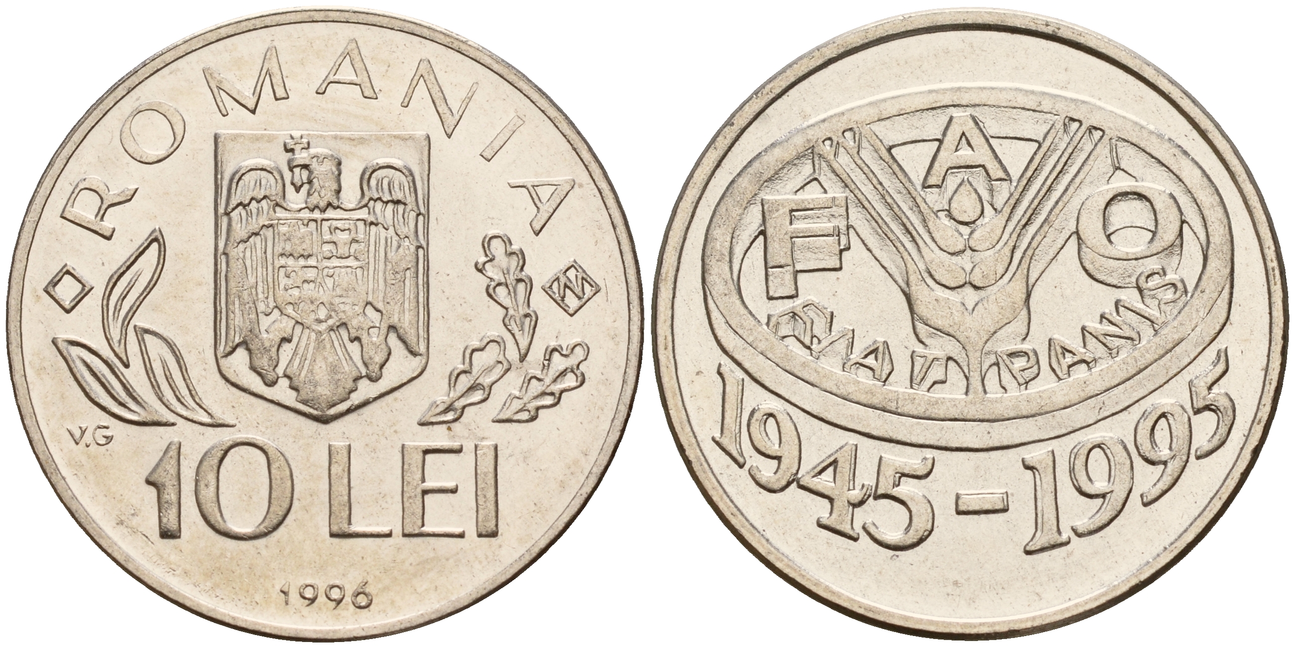 Румыния 10 леев 1995 50 лет FAO KM 117.1 сталь плакированная никелем UNC M4-08