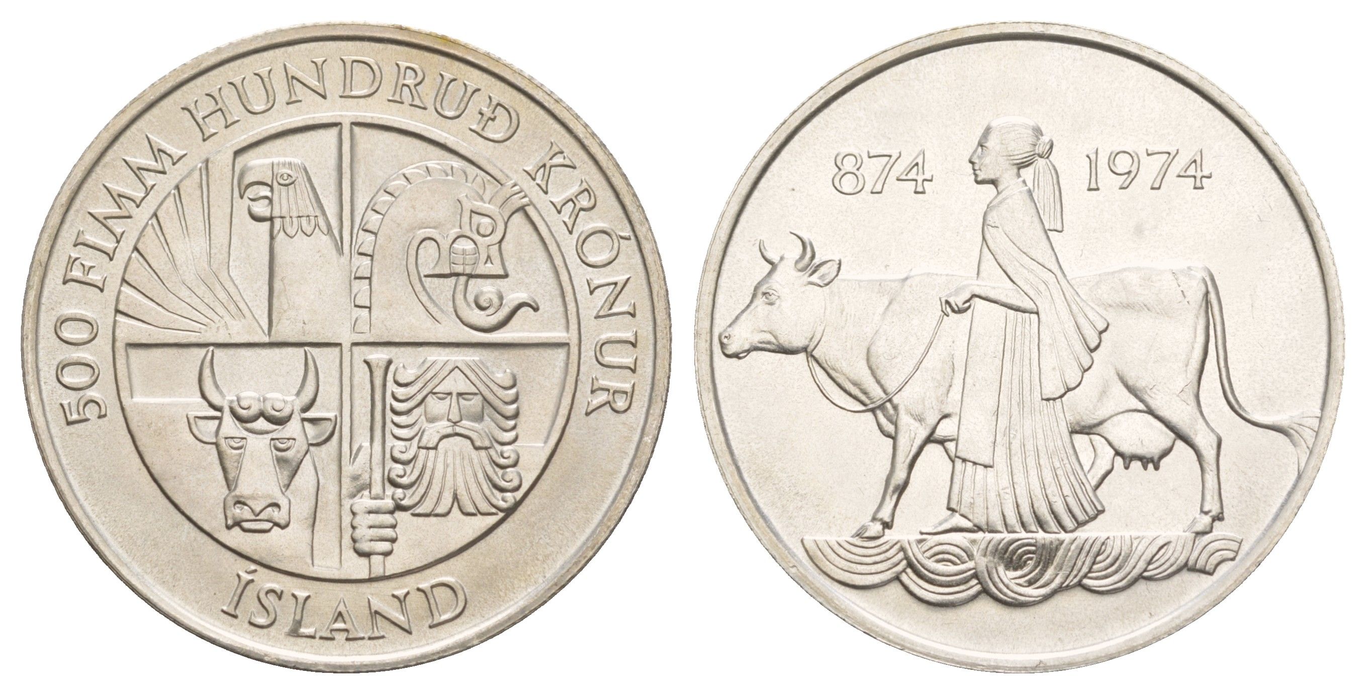 Исландия 500 крон 1974 1100 лет первым поселенцам KM 20 серебро BU 441-222