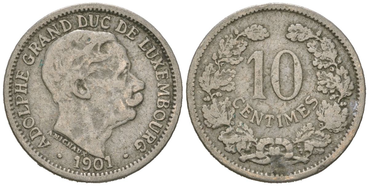 Люксембург 10 сантимов 1901 Адольф (1890-1905) KM 25 никель 4615-516