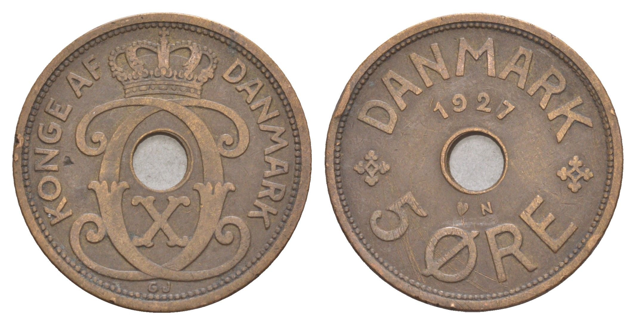 Дания 5 эре 1927 N, Кристиан X (1912-1947) KM 828 бронза 4654-733