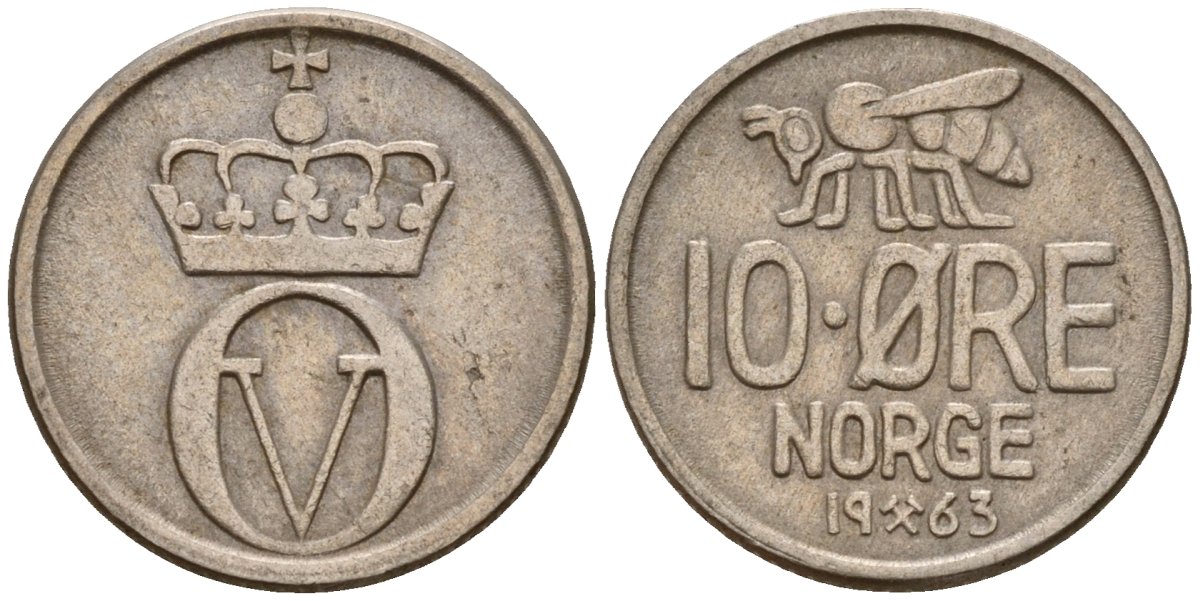 Норвегия 10 эре 1963 Улаф V (1958 - 1991) KM 411 медно-никель 4154-764