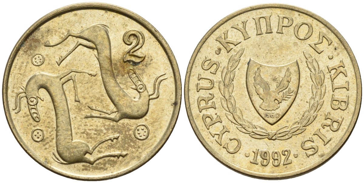 Кипр 2 цента 1992 KM 54.3 никель латунь 4174-1256