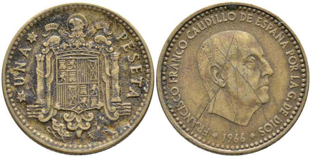 ИСПАНИЯ 1 ПЕСЕТА 1966 (67) ФРАНСИСКО ФРАНКО ДИКТАТОР ИСПАНИИ (1939-1975) KM 796 алюминиевая бронза 110-1245