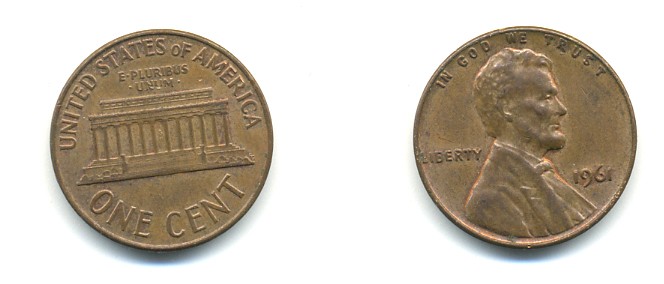 США 1 цент 1961 Авраам Линкольн KM 201 медь цинк 76-555