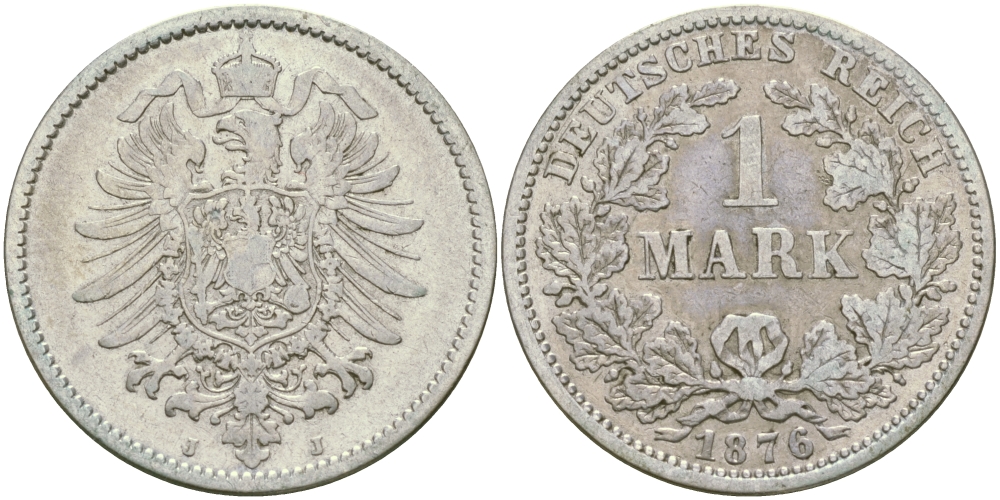 Германия 1 марка 1876 J Weege 17, J. 9, KM 7 серебро 65-123