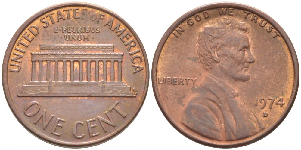 США 1 ЦЕНТ 1974 D, ЛИНКОЛЬН KM 201 медь цинк 105-1052