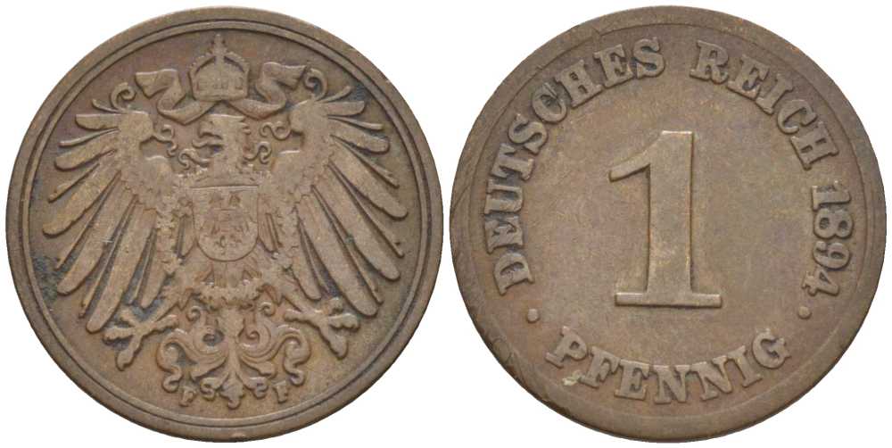 ГЕРМАНИЯ 1 ПФЕННИГ 1894 F KM 10, J. 10, Weege 2 медь 211-167