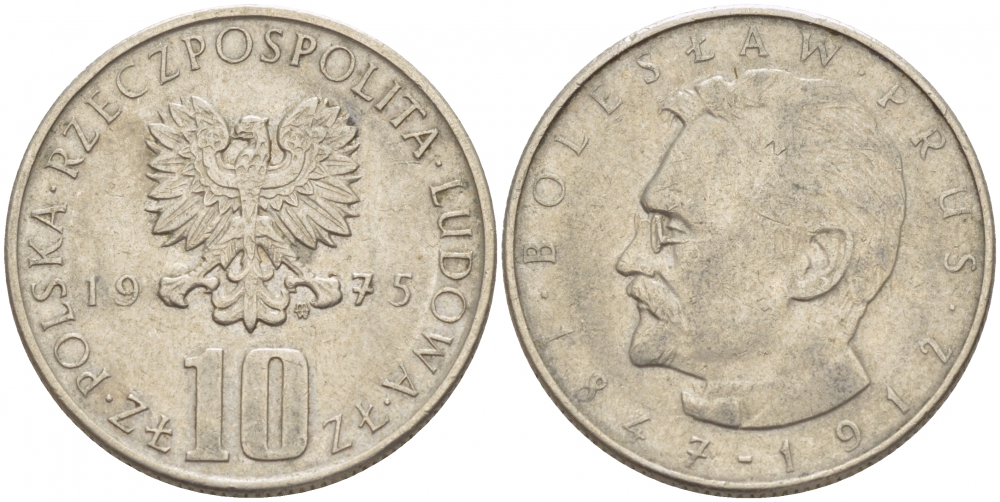 Польша 10 злотых 1975 MW, Болеслав Прус KM 73, Parchimowicz 242a медно-никель 213-815