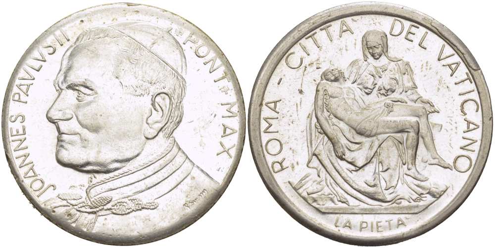 ВАТИКАН МЕДАЛЬ ND ПАПА ИОАНН ПАВЕЛ II, СКУЛЬПТУРА МИКЕЛАНДЖЕЛО LA PIETA, ДИАМЕТР 35 ММ. белый металл 650-1335