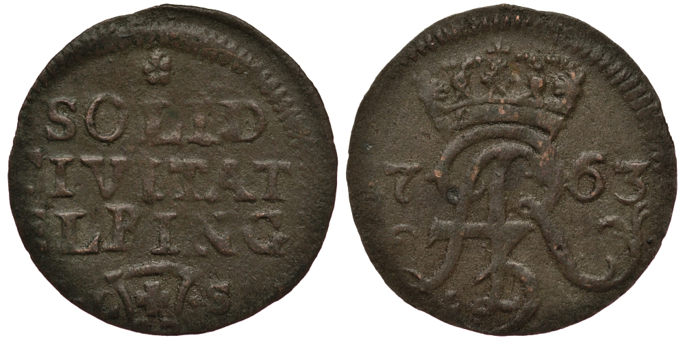 Польша, Эльблонг 1 солид (шеляг) 1763 FLS, Август III Польский (1733-1763), вес 0,47 гр. KM 105 медь 1516-1312