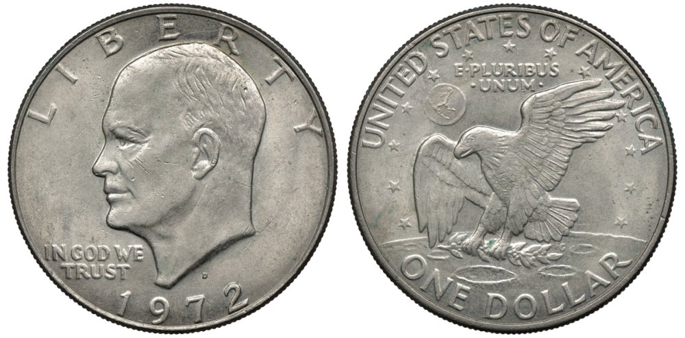 США 1 доллар 1972 D, Президент Эйзенхауэр, лунный орел KM 203 медь плакированная медно-никелем 4558-1035