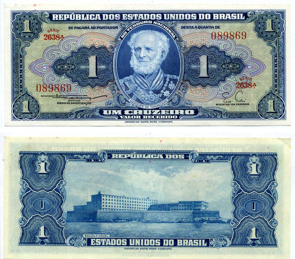 БРАЗИЛИЯ 1 КРУЗЕЙРО 1954-1958 СЕРИЯ 2638А, ПОДПИСЬ 3 Pick 150b бумага аUNC 7220-33-1