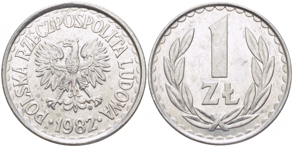 ПОЛЬША 1 ЗЛОТЫЙ 1982 MW KM 49.1 алюминий UNC 3856-1052