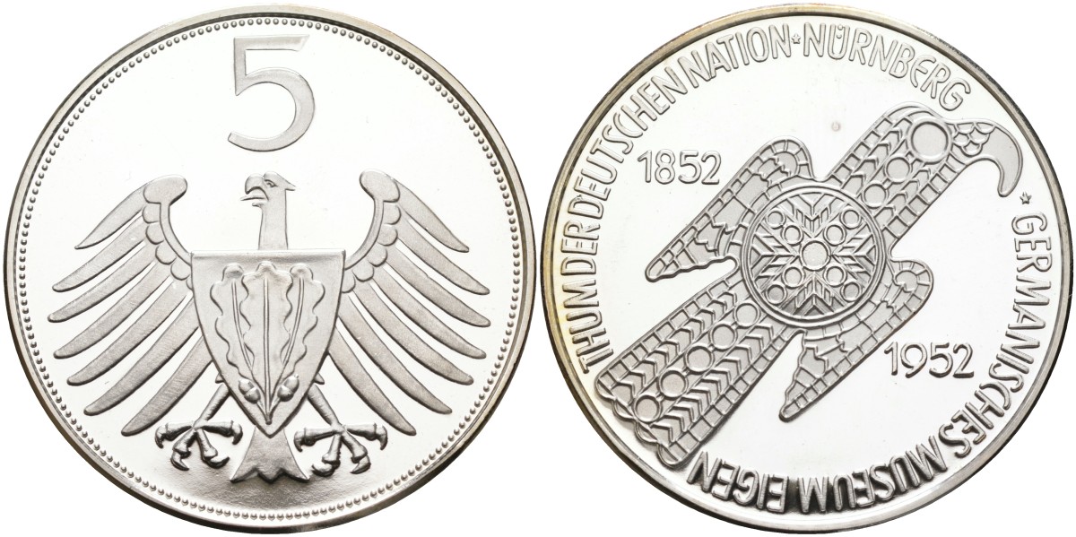 Германия медаль ND 5 марок 1952 года, 100 лет Германскому музею в Нюрнберге, серебрение медно-никель PROOF 06-282-25