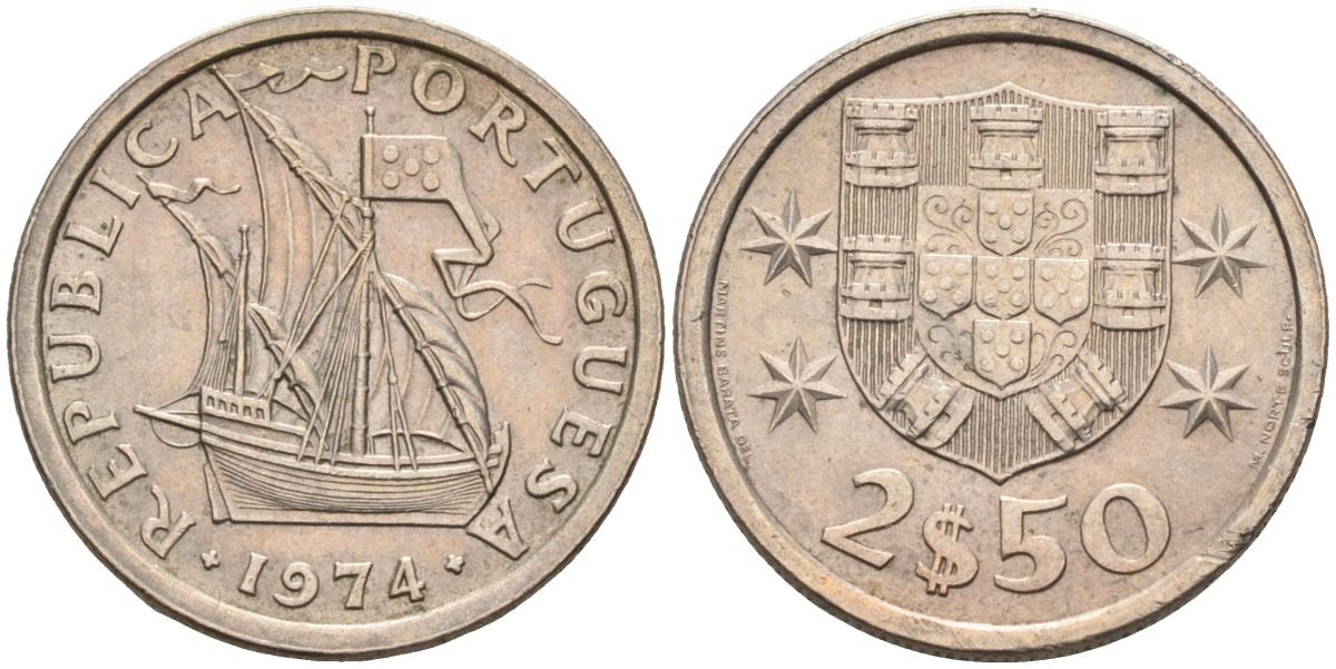 Португалия 2,5 эскудо 1974 парусник KM 590 медно-никель 4115-463