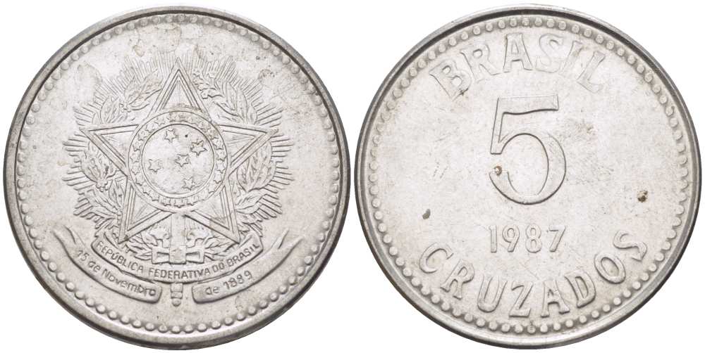 Бразилия 5 крузадо 1987 реформа (1986-1989) KM 606 нержавеющая сталь 31-934