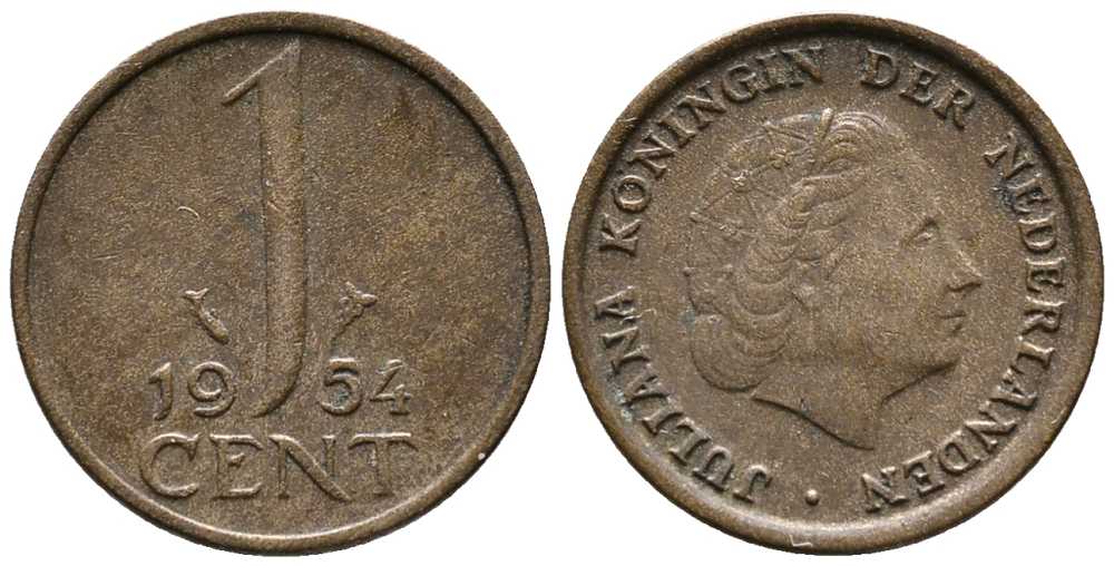 Нидерланды 1 цент 1954 Юлиана (1949-1980) KM 180 бронза 39-1257