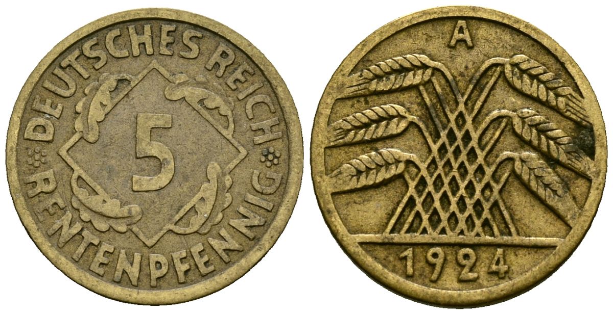 Германия 5 рентенпфеннигов 1924 A KM 32 алюминиевая бронза 4173-1145
