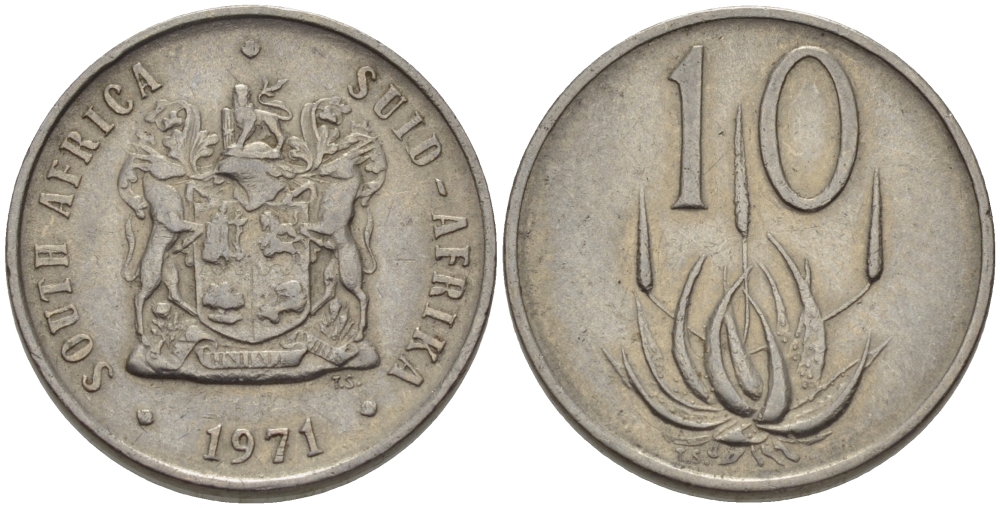 ЮАР 10 ЦЕНТОВ 1971 ГЕРБ, ЦВЕТОК АЛОЭ KM 85 никель 67-415
