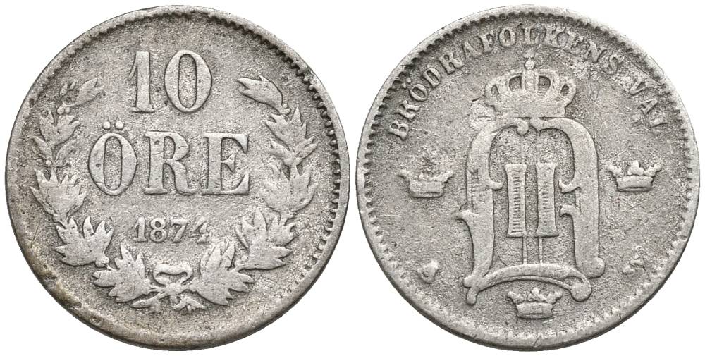 Швеция 10 эре 1874 EB, Оскар II (1872-1907) король Швеции и Норвегии, проба 400 KM 737 серебро 4549-1111