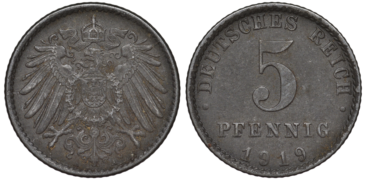 ГЕРМАНИЯ 5 ПФЕННИГОВ 1919 A KM 19, J. 297 железо 45-1163