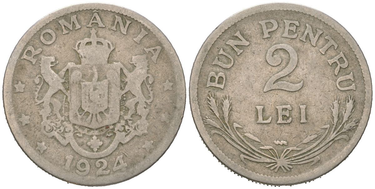 Румыния 2 лея 1924 Фердинанд I (1914-1927) KM 47 медно-никель 4616-843