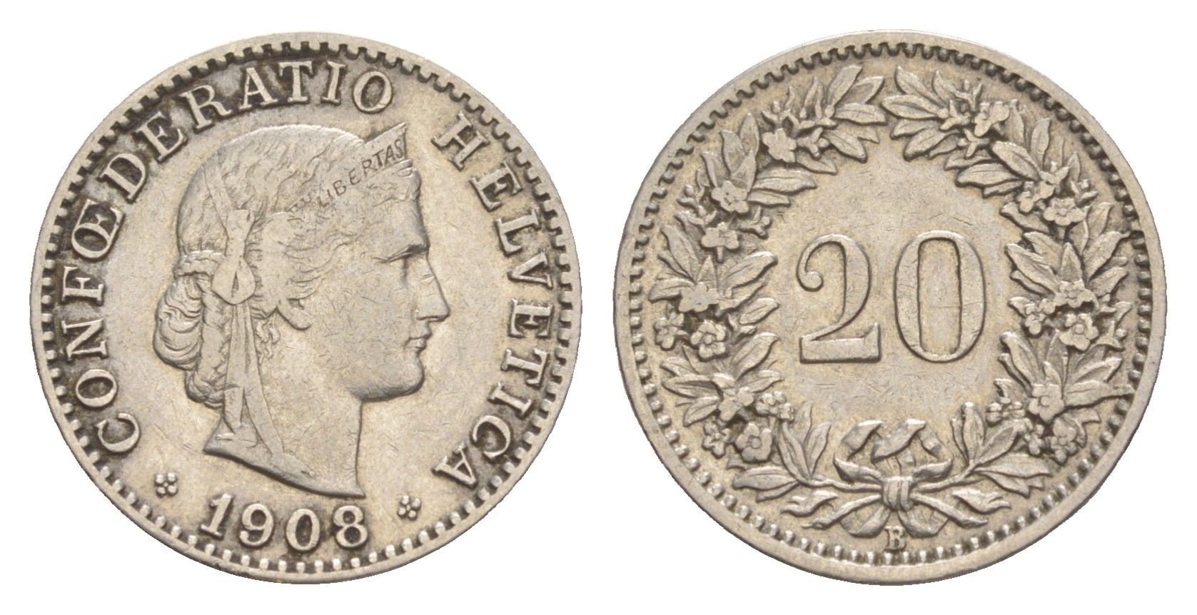 Швейцария 20 раппенов 1908 B KM 29 никель 4643-346