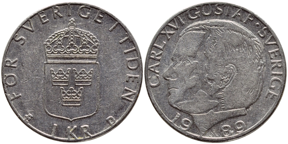 Швеция 1 крона 1989 Карл XVI Густав (1973- ) KM 852a медно-никель 4398-1156