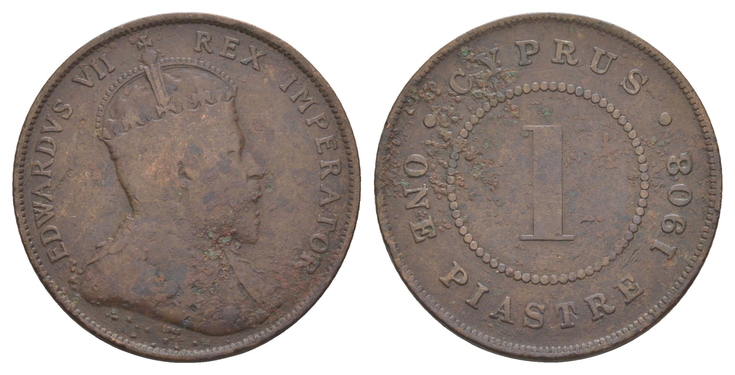 Кипр 1 пиастр 1908 Эдуард VII (1901-1910), год-тип KM 12 бронза 00-801-35