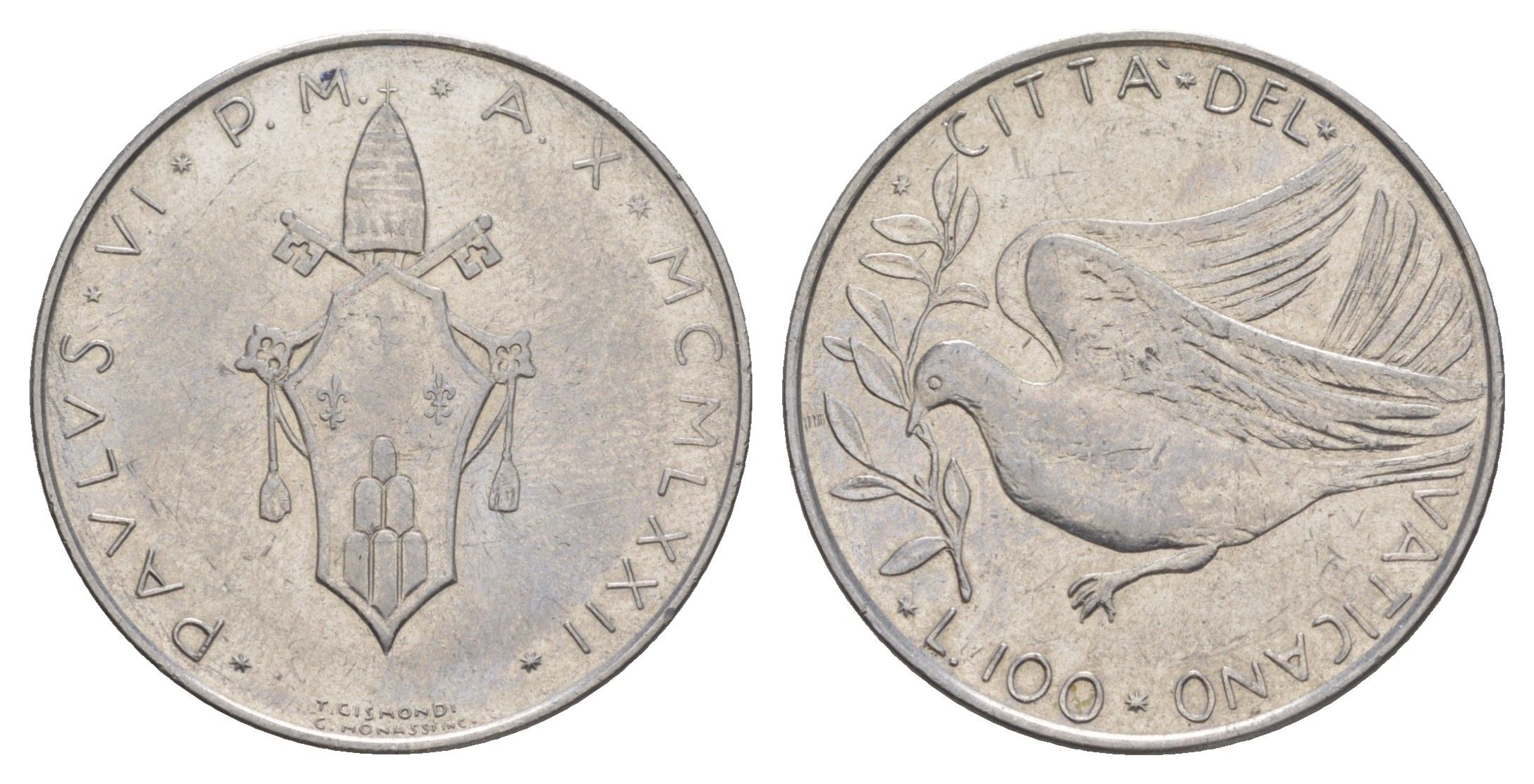 Ватикан 100 лир 1972 MCMLXXII, Павел VI KM 122 нержавеющая сталь UNC 4648-147