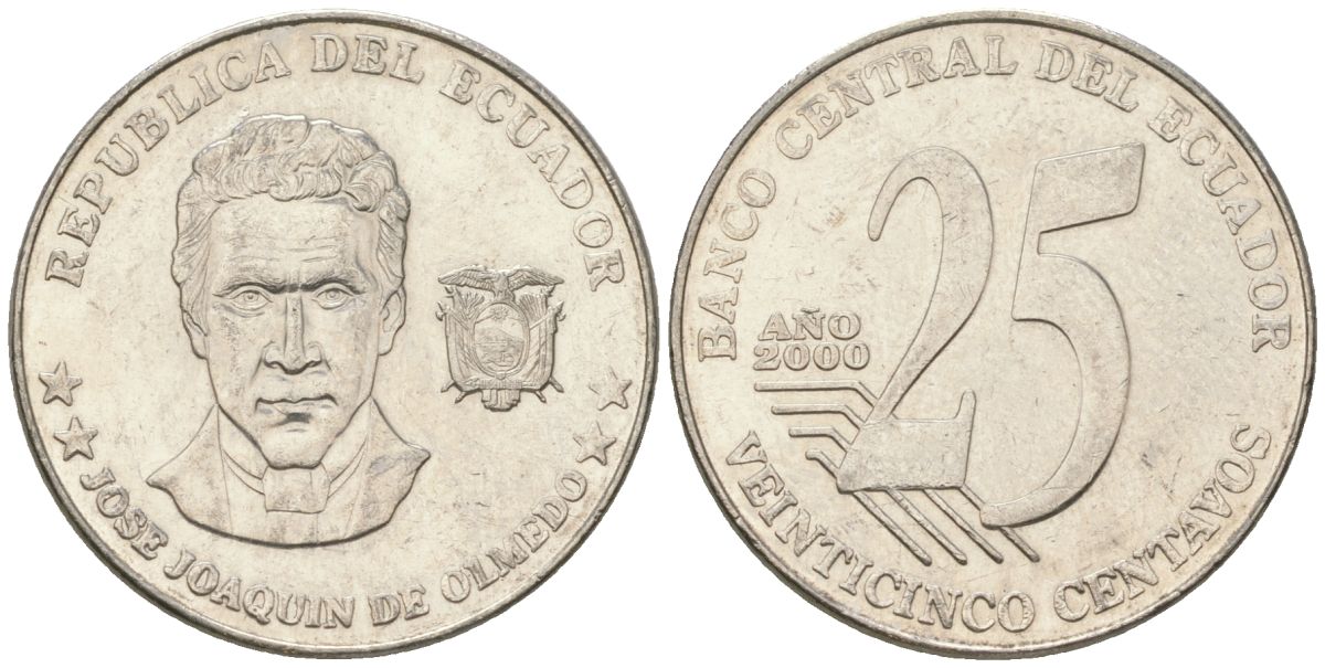Эквадор 25 сентаво 2000 KM 107 сталь плакированная никелем 4448-927