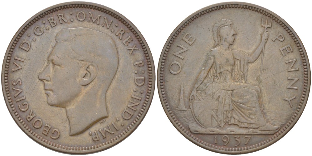 Великобритания 1 пенни 1937 Георг VI (1936-1952) KM 845, Spink 4114 бронза 4531-1231